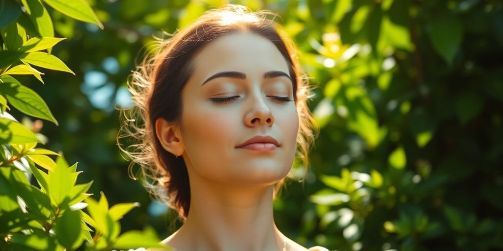 Person meditating peacefully in a sunny, green garden.