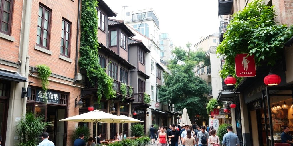 Colourful streets of Xintiandi and Tianzifang in Shanghai.