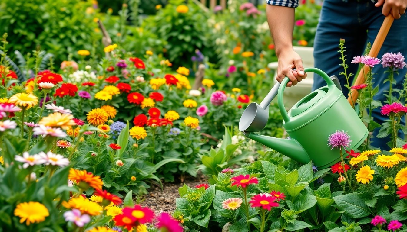 Gardener working in a colourful London garden.
