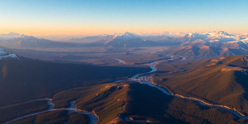 Aerial view of Alaska's scenic mountains and forests.