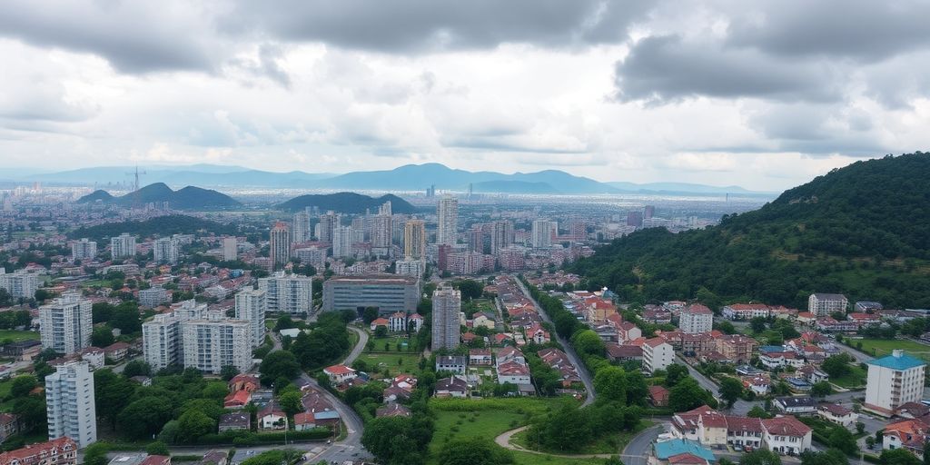 Paysage urbain et naturel sous un ciel menaçant