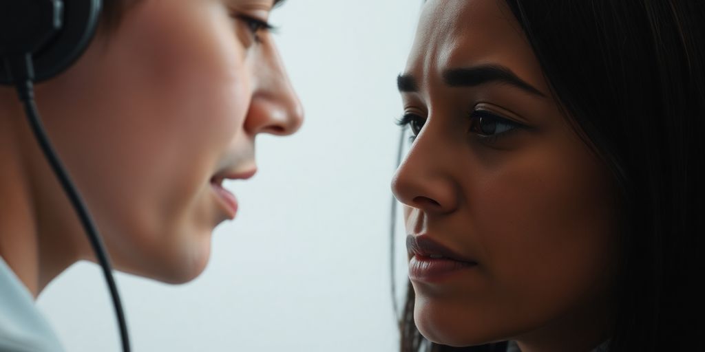 Two people talking, one with a calm expression.