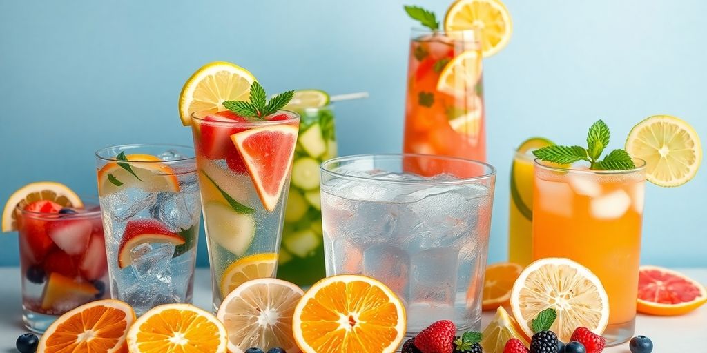 Refreshing colorful drinks and fruit beside water.