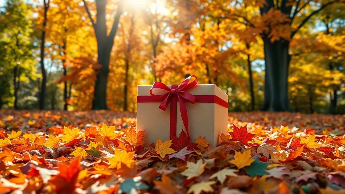 Autumn gift box with colorful leaves and sunlight.