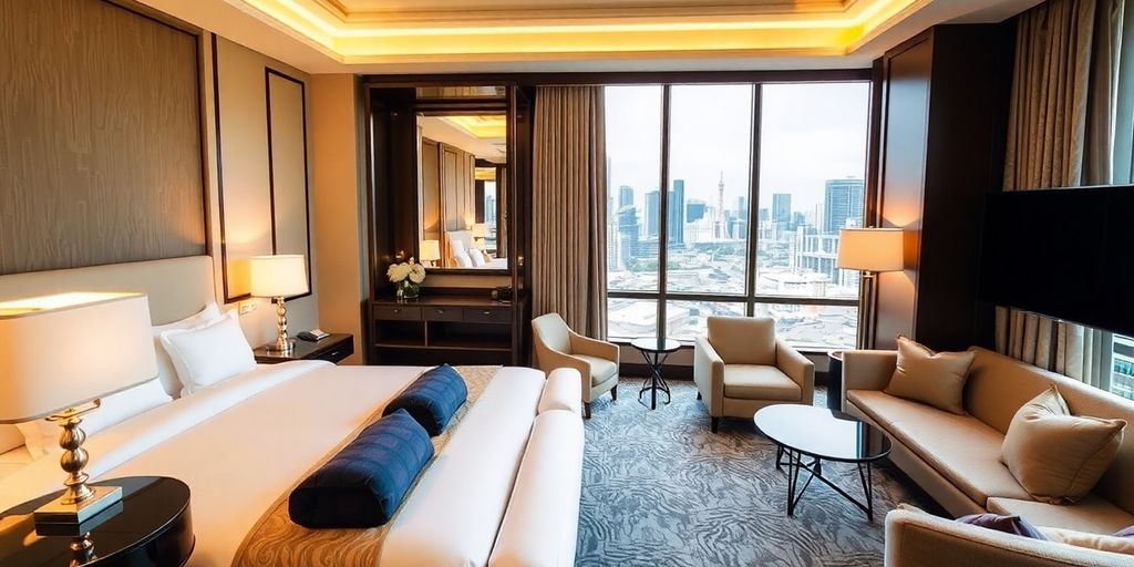 Luxurious hotel suite with elegant decor and city view.