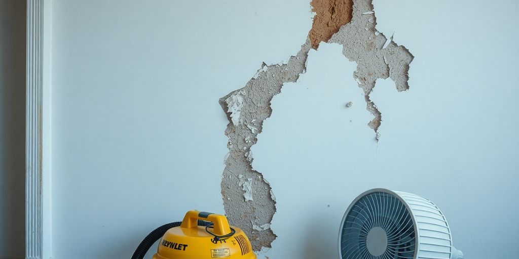Close-up of water-damaged wall with restoration tools.
