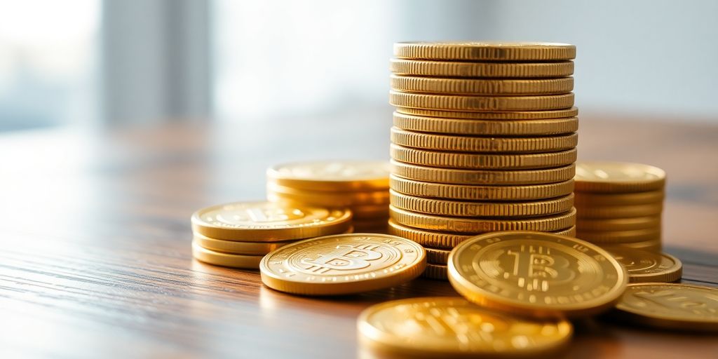 Gros plan de pièces d'or empilées sur une table.
