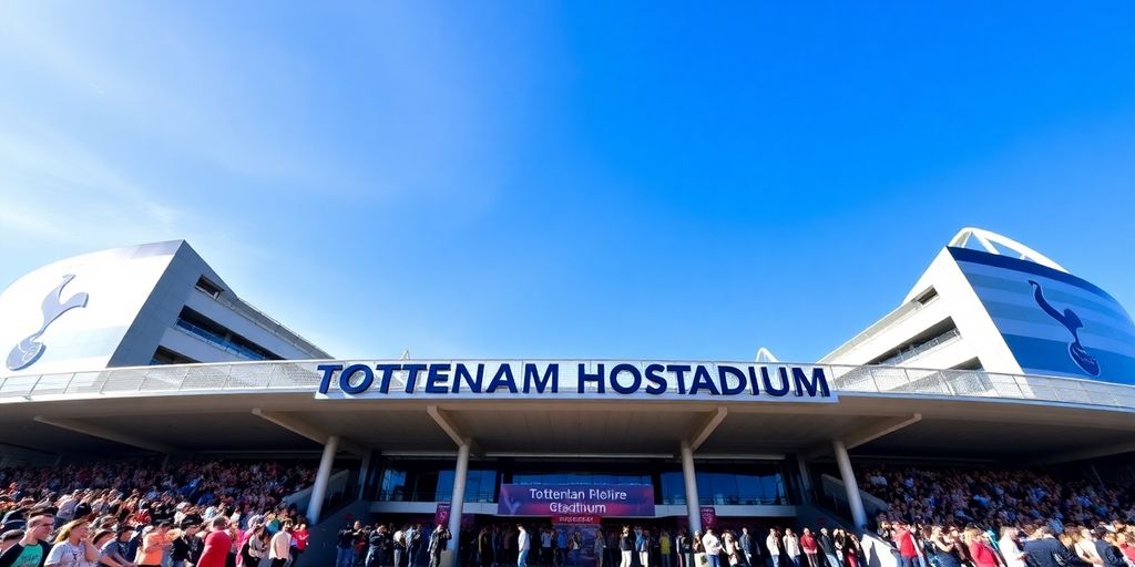 Exterior view of Tottenham Hotspur Stadium with fans.