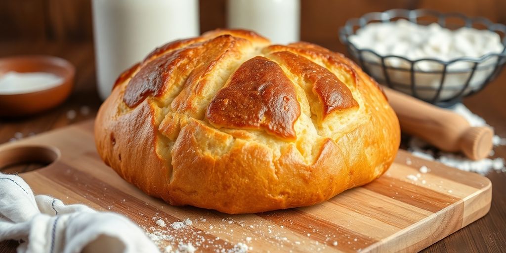 Friss, házi tejes kenyér egy fából készült deszkán.