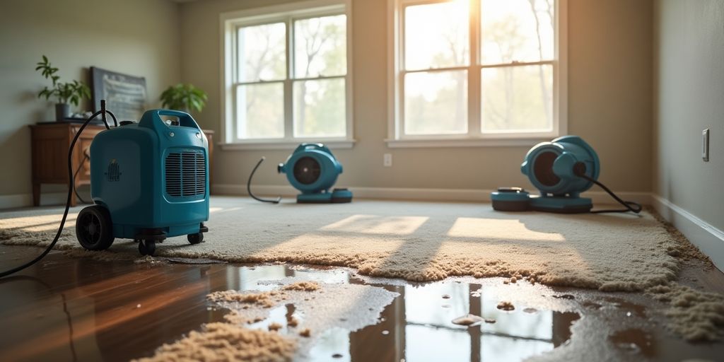 Home interior with water damage and drying equipment.