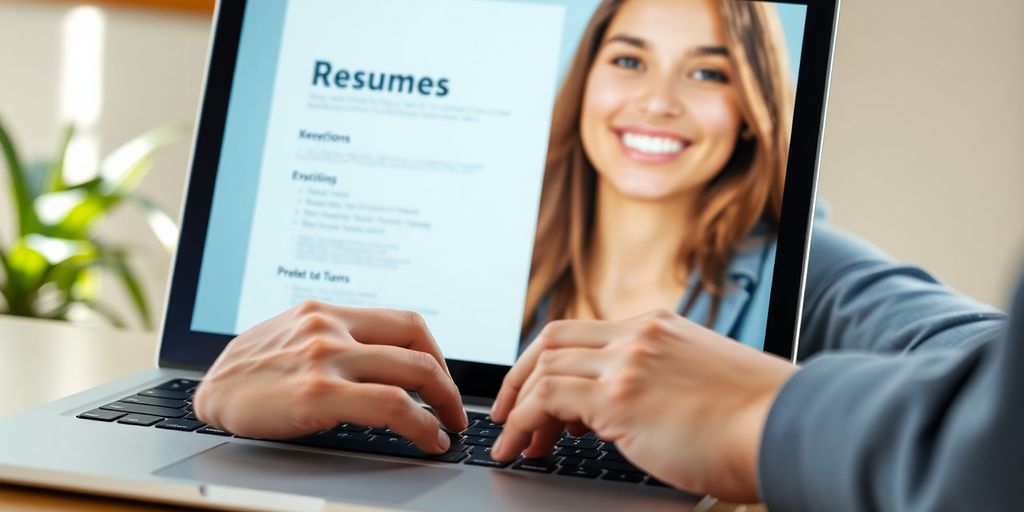 Laptop displaying resume, person smiling