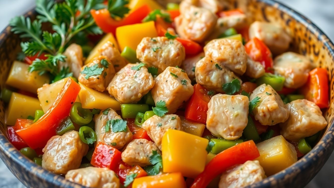 Prato de salteado de frango com legumes frescos.