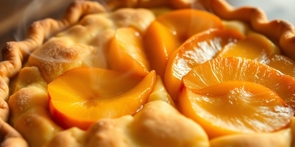 Golden peach mango pie, flaky crust, vibrant filling.