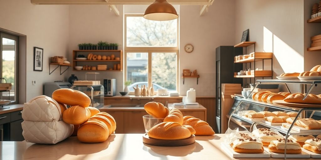 Aménagement intérieur d'une boulangerie moderne avec des pains dorés.