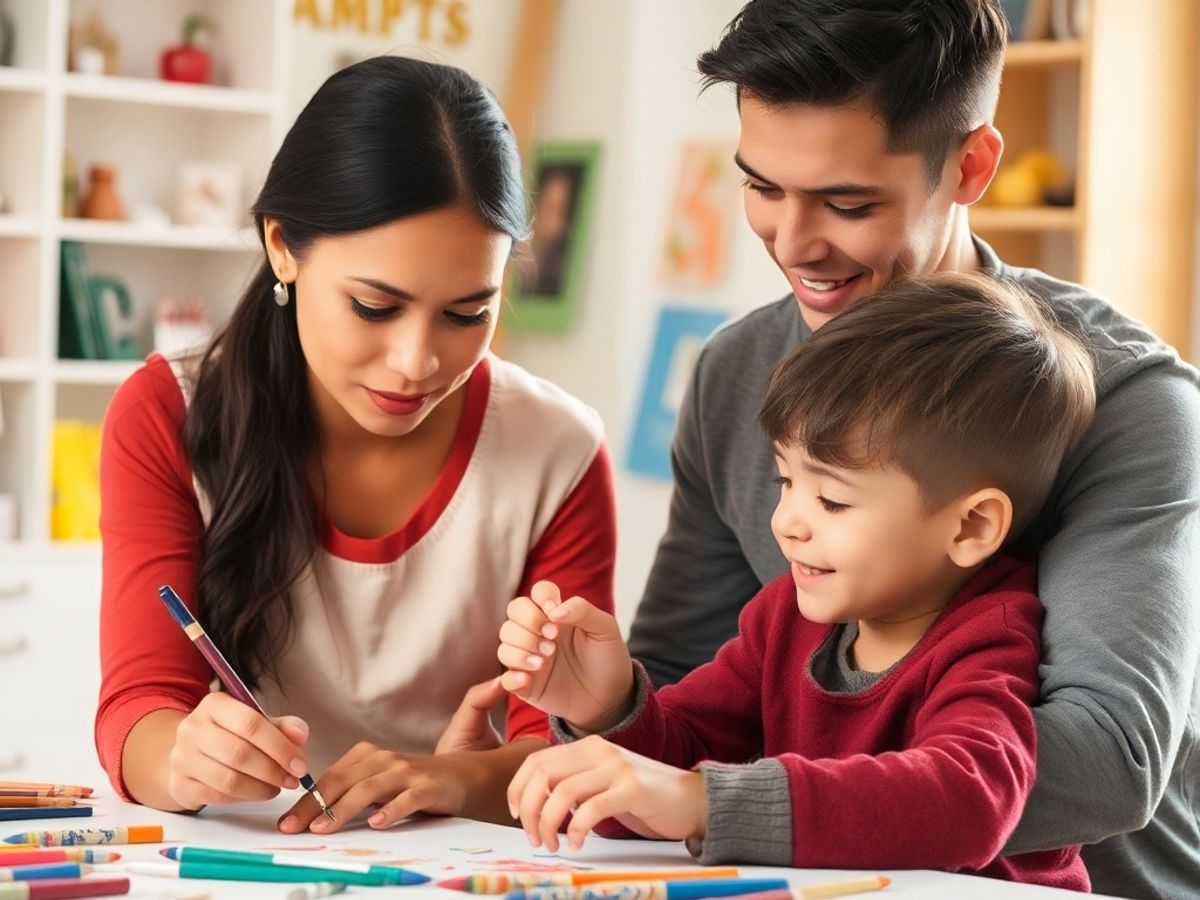 Părinte și copil lucrând împreună la un proiect creativ.