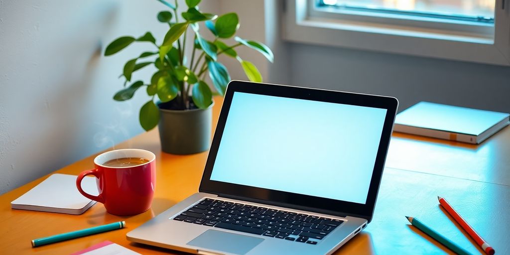 A cozy writing workspace with a laptop and coffee.