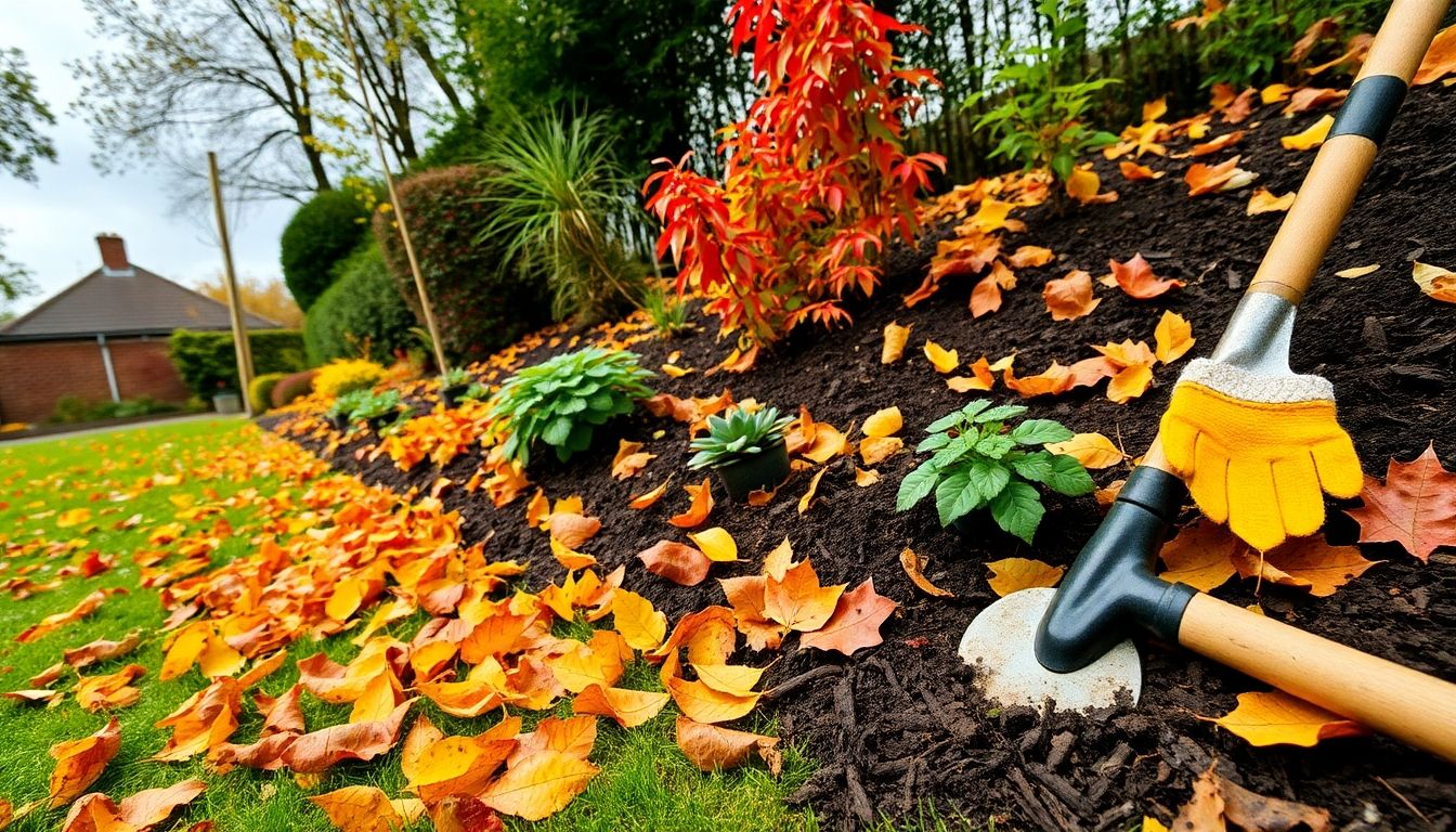 Autumn garden with fallen leaves and gardening tools.