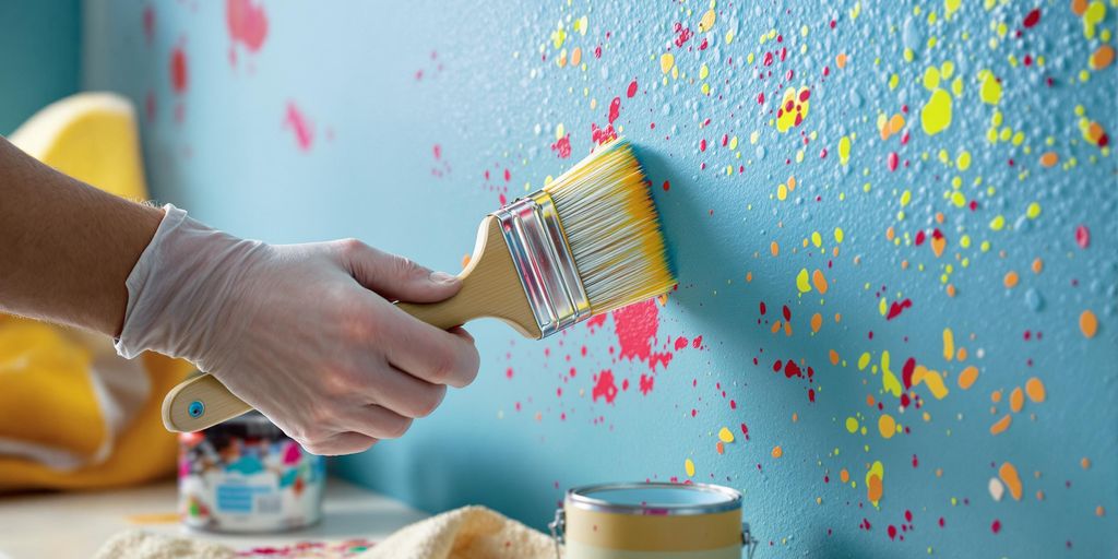 Painter touching up wall with brush and vibrant paint.