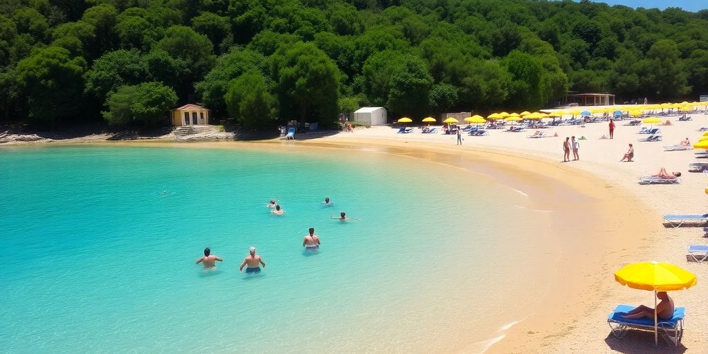 Bozcaada plajında denize giren insanlar ve manzara.