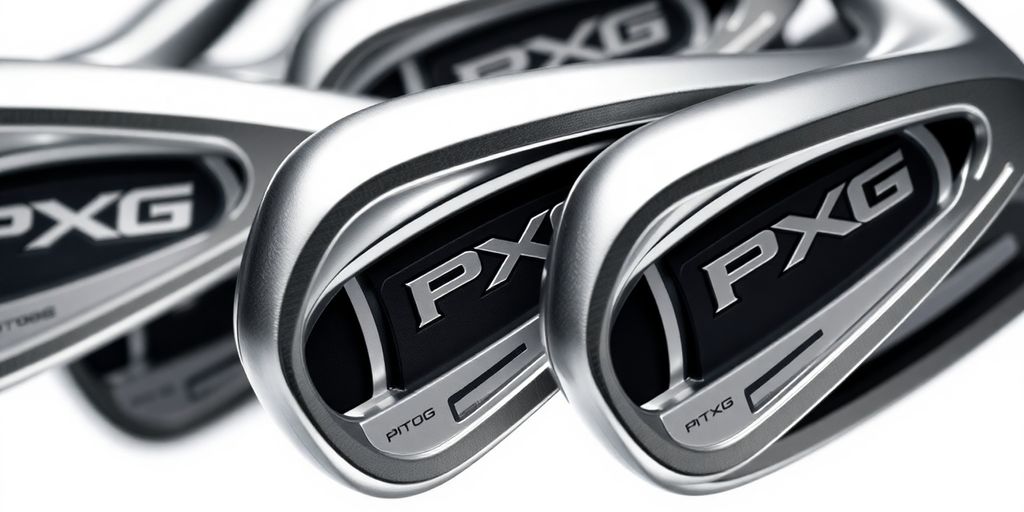 PXG irons gleaming, close-up on club heads.