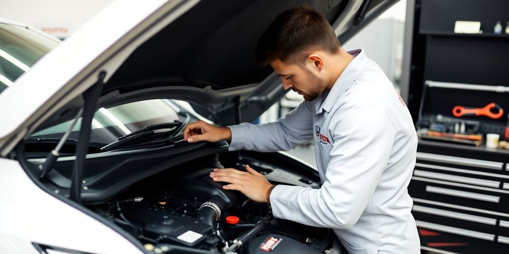 Mechanic inspecting car engine with tools.