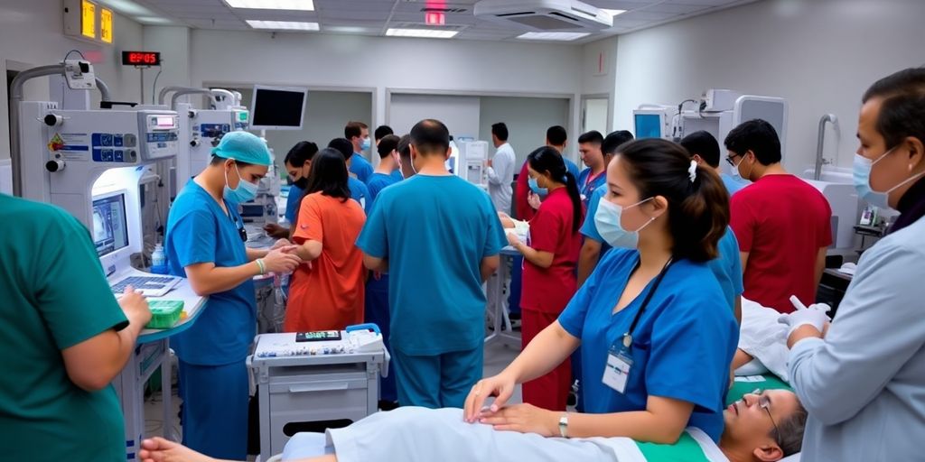Emergency room with medical staff and patients in action.