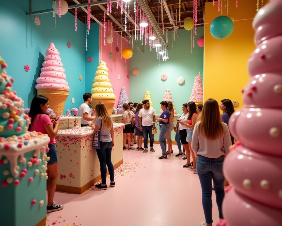 Colorful ice cream sculptures and joyful visitors in Miami.