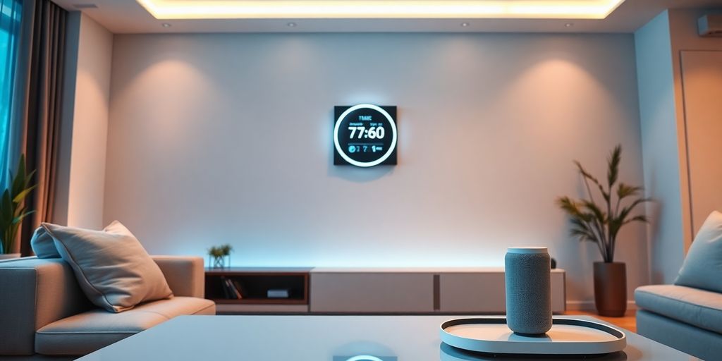 Modern living room with smart home technology and devices.