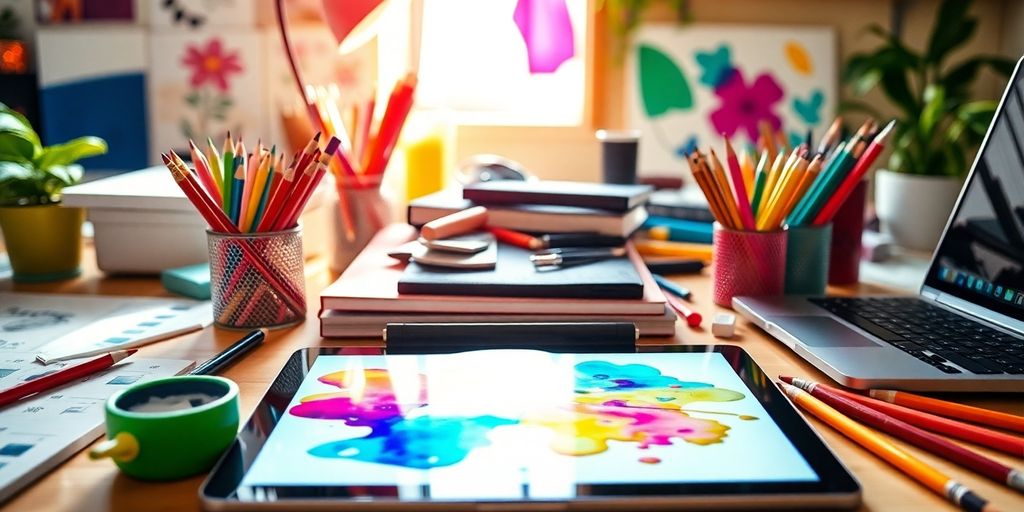 Creative workspace with digital tools and colorful art supplies.