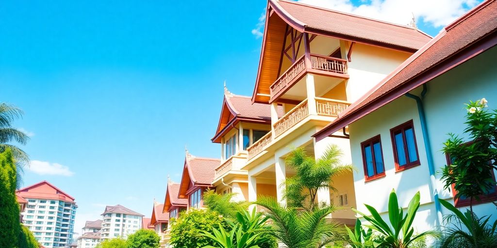 Traditional Thai homes with lush green surroundings.