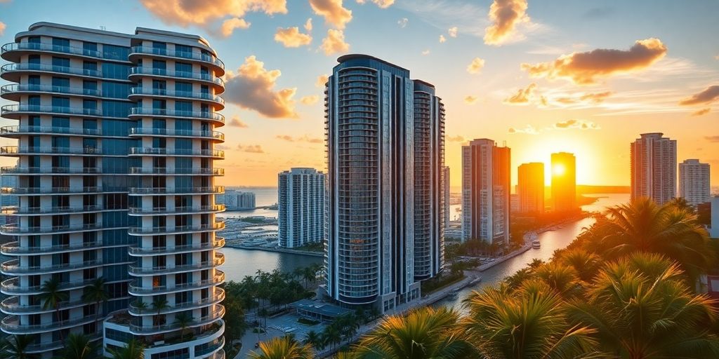 Luxury condominiums in Brickell, Miami at sunset.