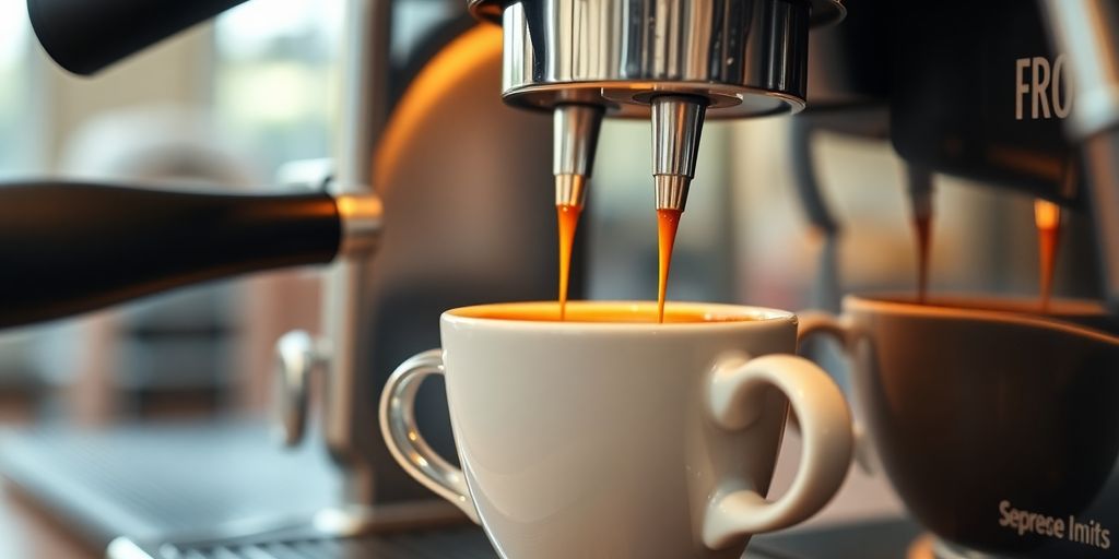Close-up of a preinfusion espresso machine brewing coffee.