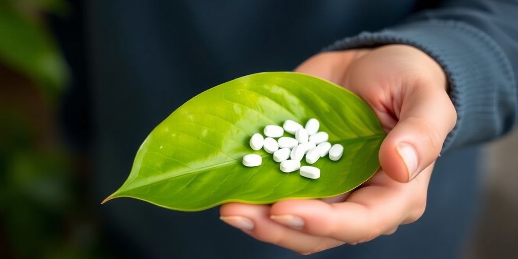 Pills on a leaf, with hands.
