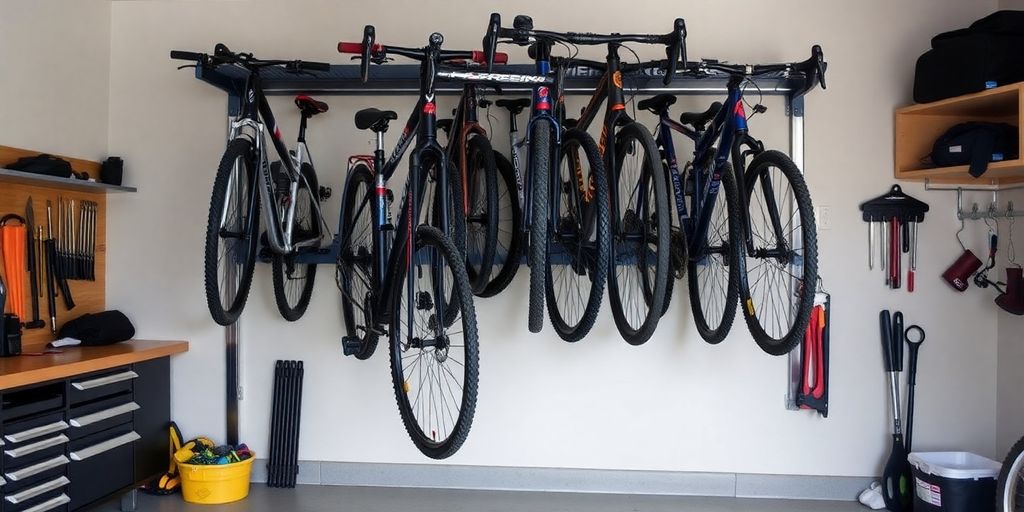 Organized bike storage rack in a tidy garage space.
