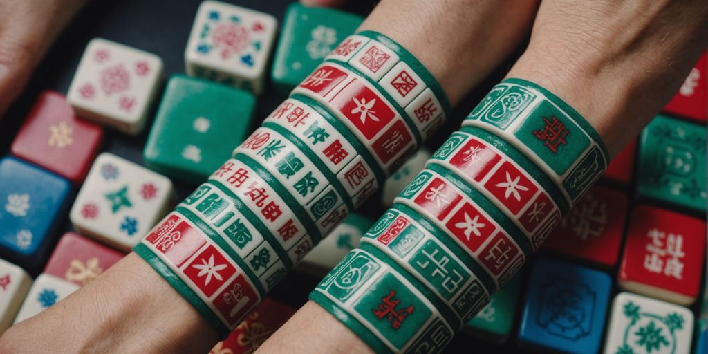 Tattooed arm with colorful mahjong tiles in vibrant hues.