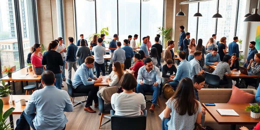Entrepreneurs networking in a bright Shanghai coworking space.