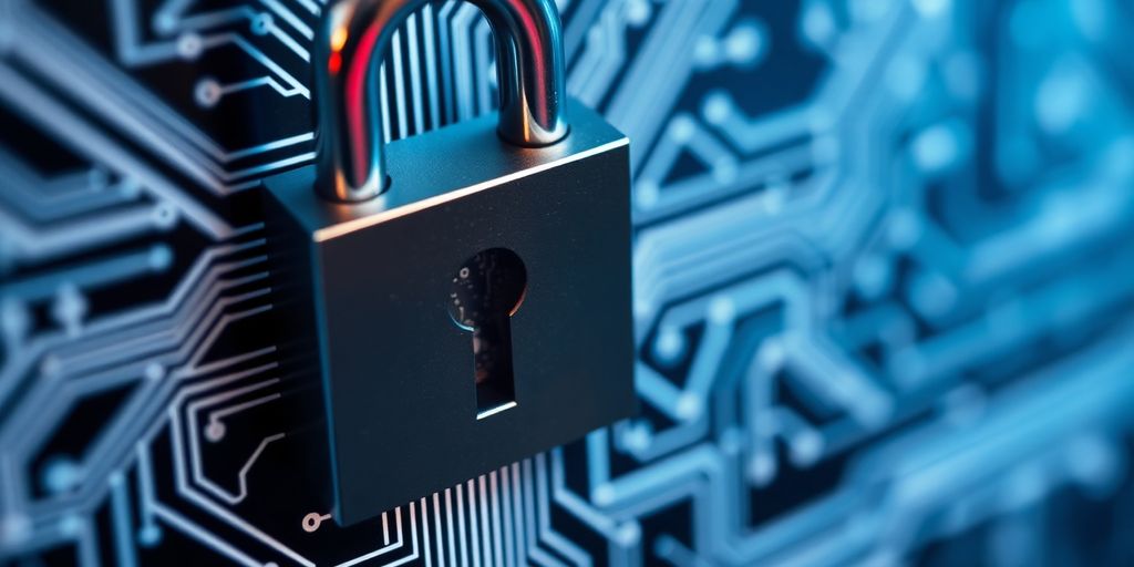 Digital lock on circuit board, symbolising network security.