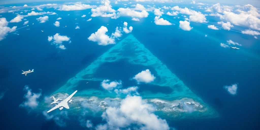 Aerial view of the Bermuda Triangle with mysterious silhouettes.