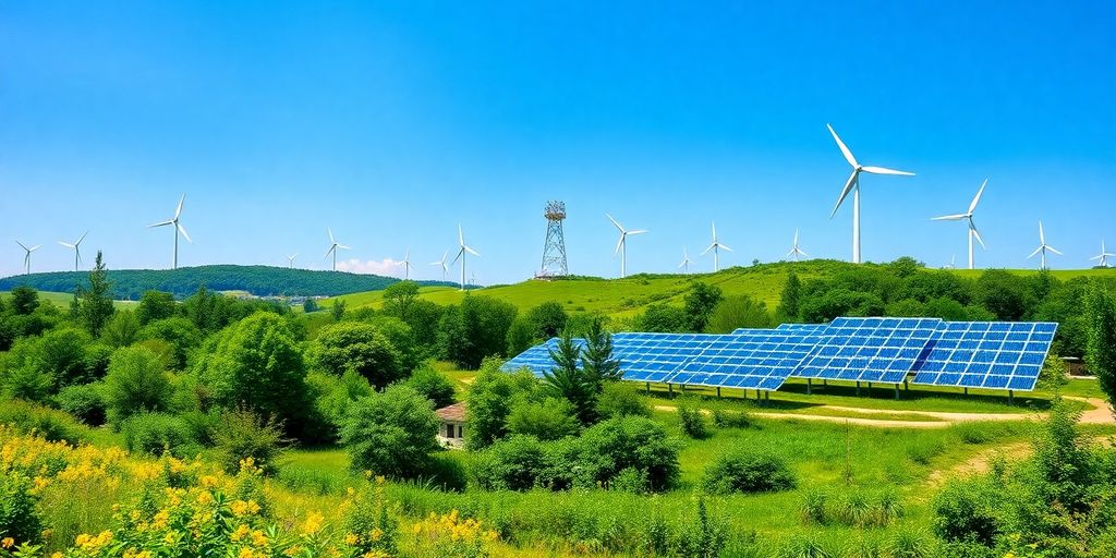 A landscape with greenery and renewable energy sources.
