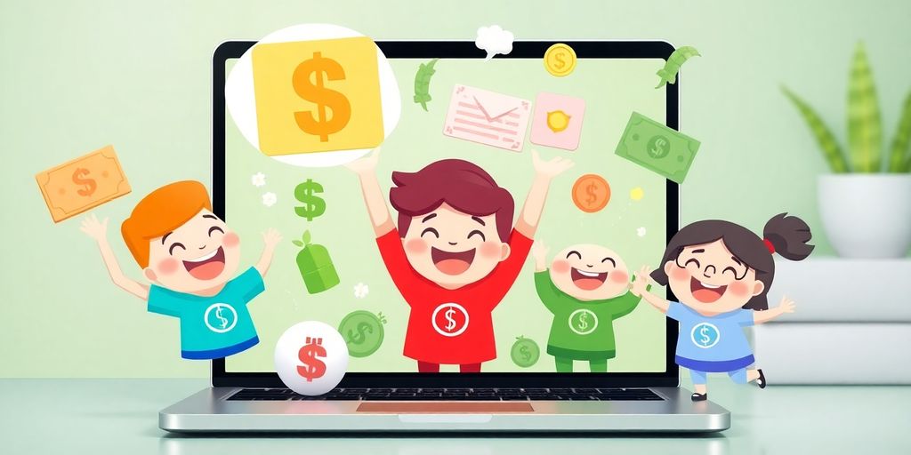 Cartoon hands holding glowing coins reaching towards a digital screen.