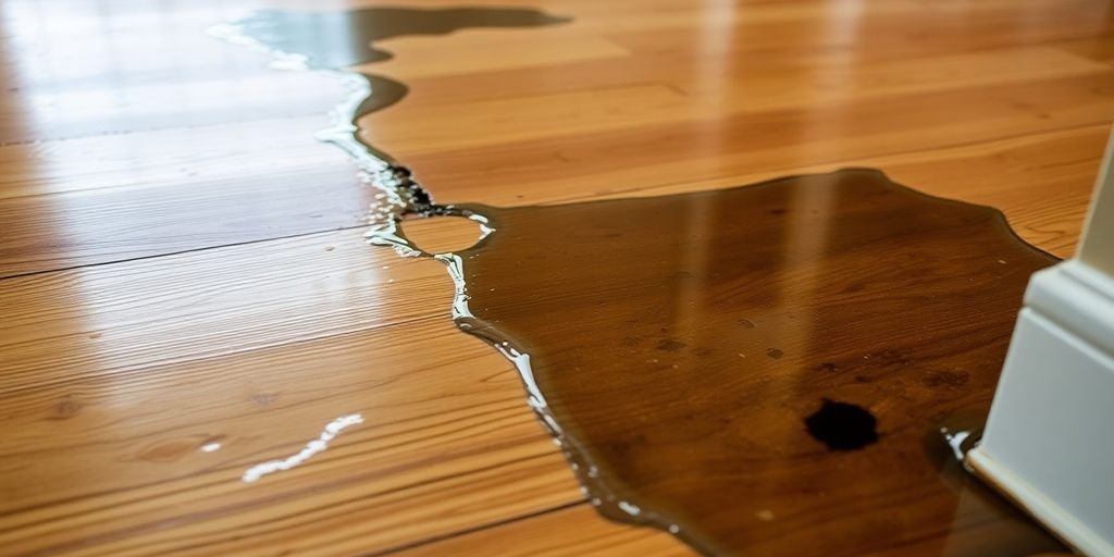 Water pooling on a damaged wooden floor.