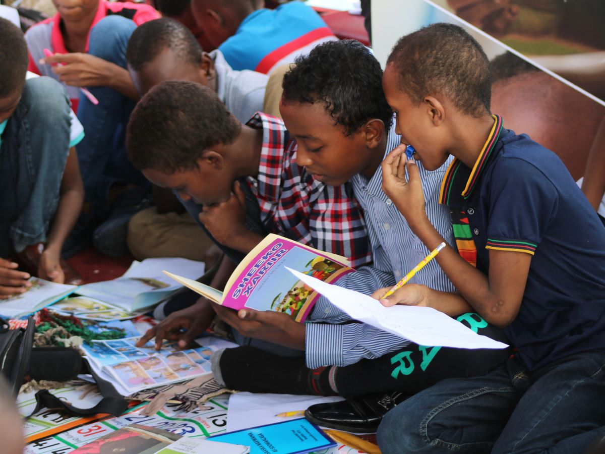 boy in blue and white plaid shirt reading book