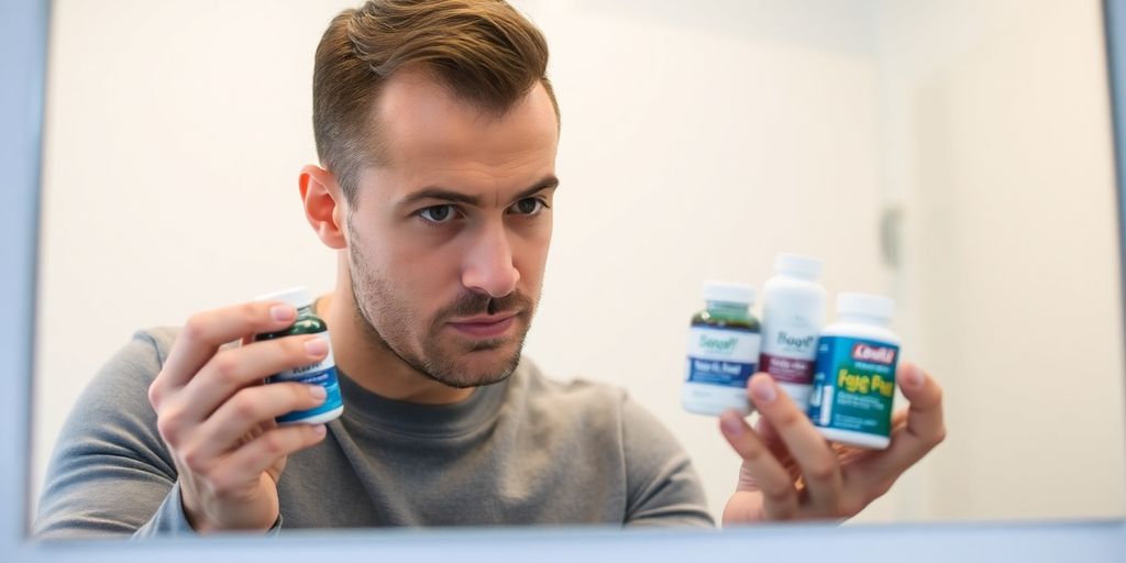 Homem calvo e medicamentos na mão.