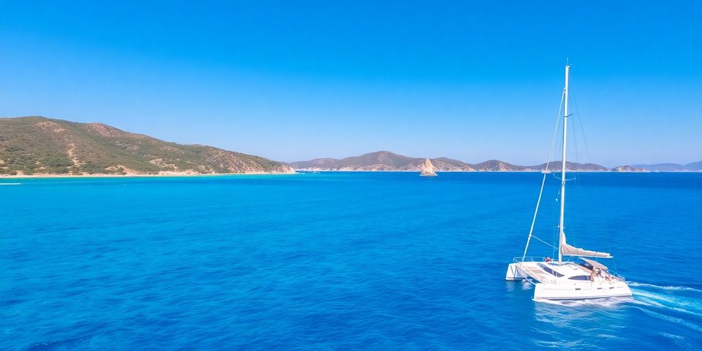 Sardinia catamaran sailing turquoise Mediterranean waters.