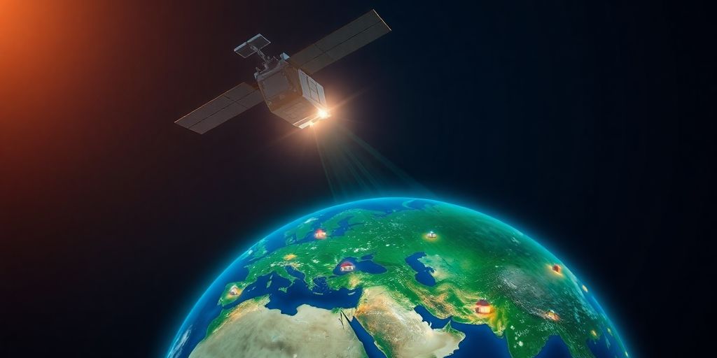 Satélite orbita a Terra, com feixes de luz conectando-o a casas.