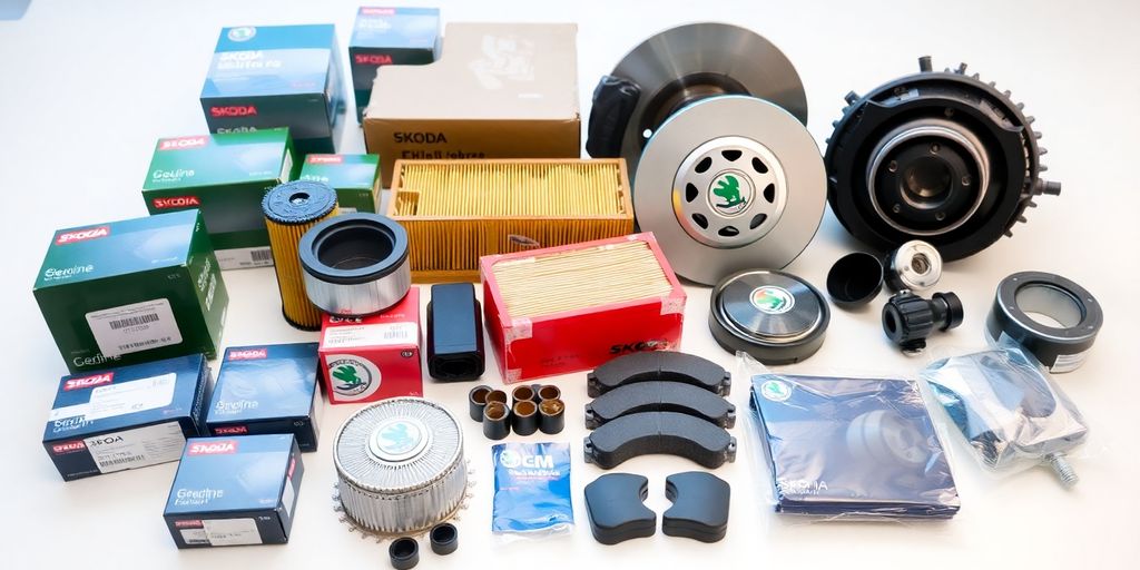 Skoda car parts arranged neatly.