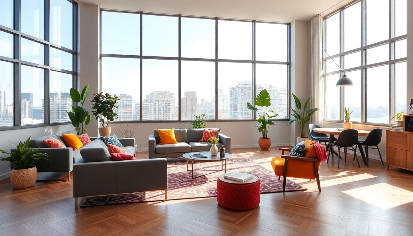 Modern apartment interior with stylish furniture and decor.