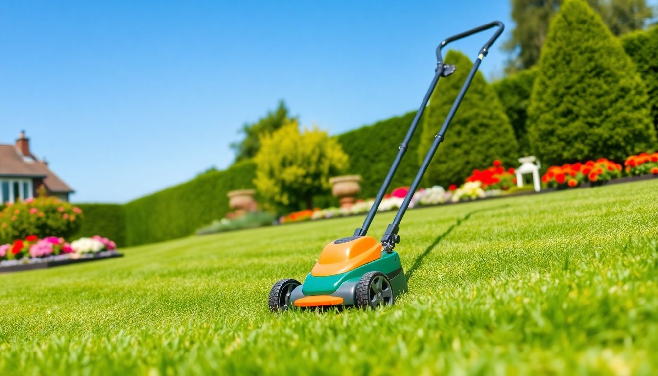 Lawn being mowed in a beautiful garden setting.