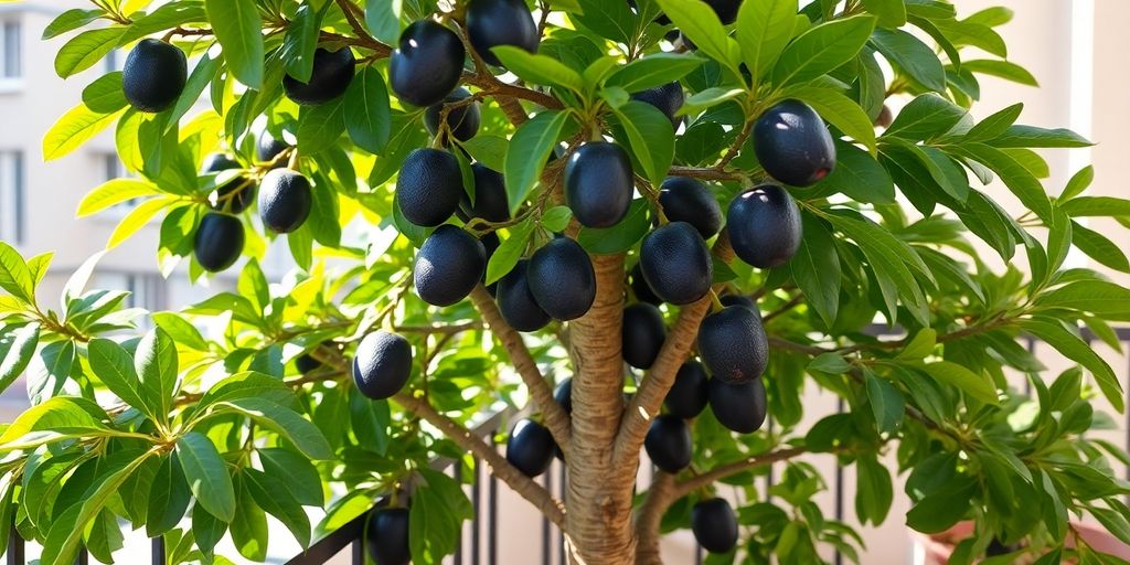 Jaboticaba en maceta, balcón, frutos morados, hojas verdes.