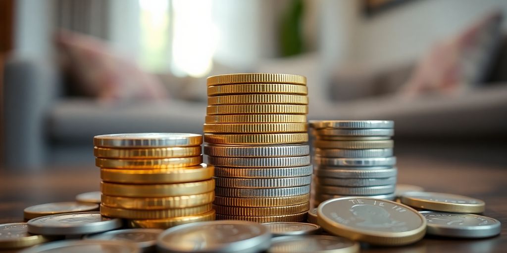 Pièces d'or et d'argent empilées sur une table.